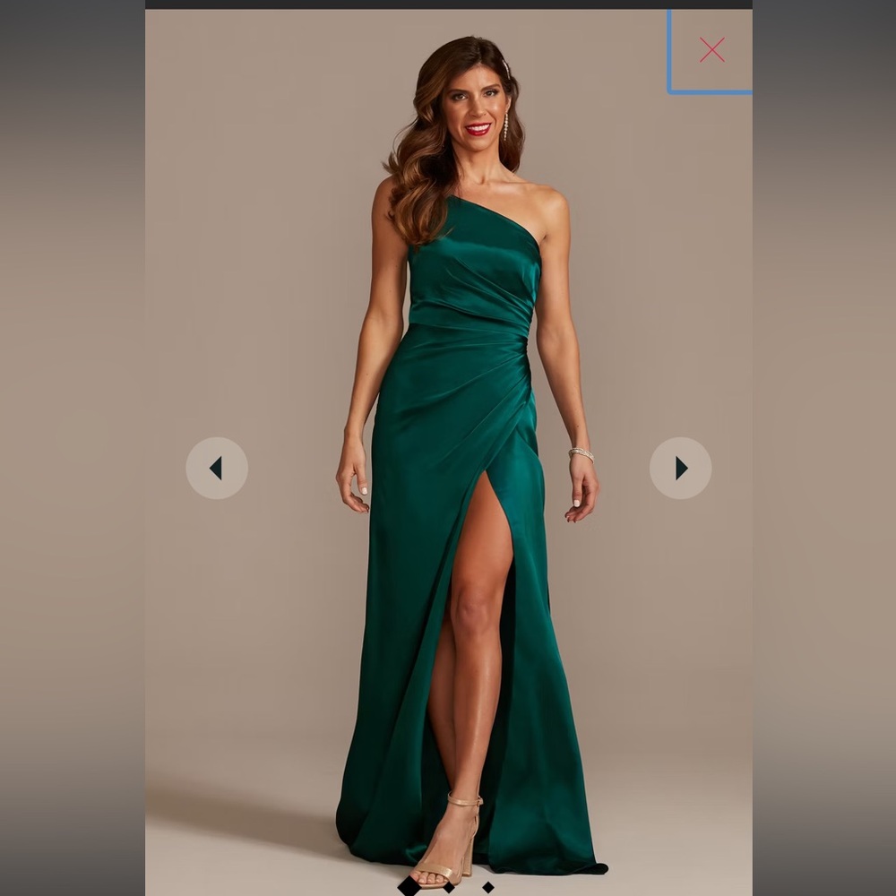 David’s Bridal charmeuse draped one-shoulder dress in the color gem